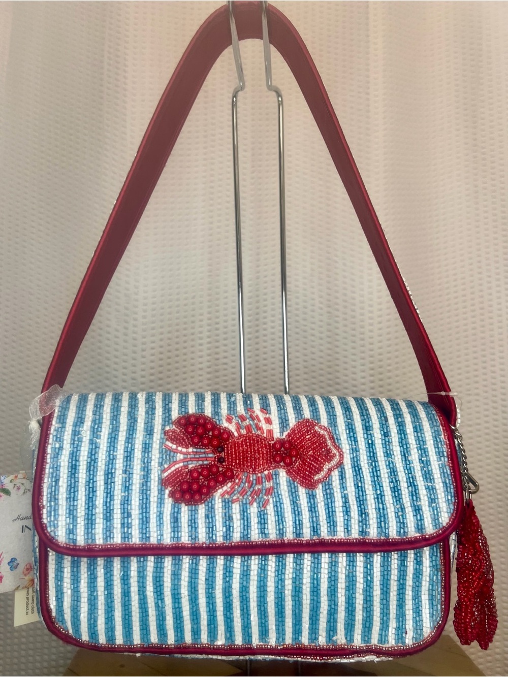 Viral Striped Blue & White Beaded Lobster Shoulder Bag!!